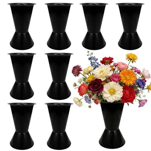 8 Pack Modern Round Vases Flower Buckets 11.8 Inch Inch Plastic Floral Flower Vases for Centerpieces Floral Display Decorative Buckets Table Home Bridal Shower Wedding Festival Decorations Black