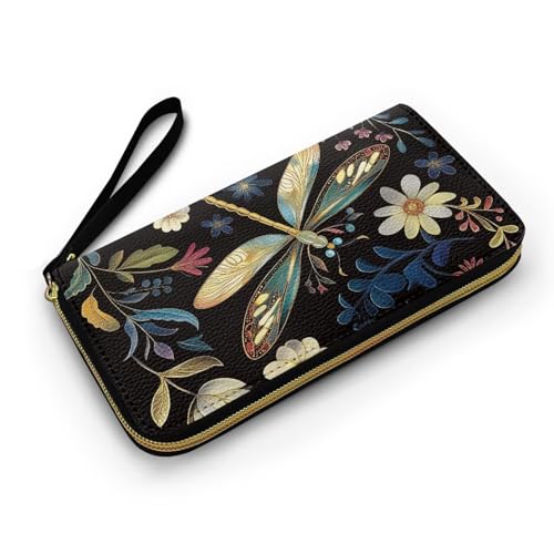 Dragonfly Flowers Leather Zip Around Wallet for Women Wristlet Clutch, Retro Dragonflies Floral Long Billfold Wallets for Credit Card, Cash, Coin, Bill2