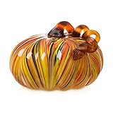 glitzhome 6.5 Inch Hand Blown Rainbow Striped Glass Pumpkin Table Accent