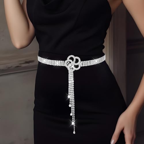 JIEYAO Large Rhinestone Waist Belt for Women, Silver Crystal Chain Belt Adjustable Sparkle Dressy Belts With Flower Buckle2