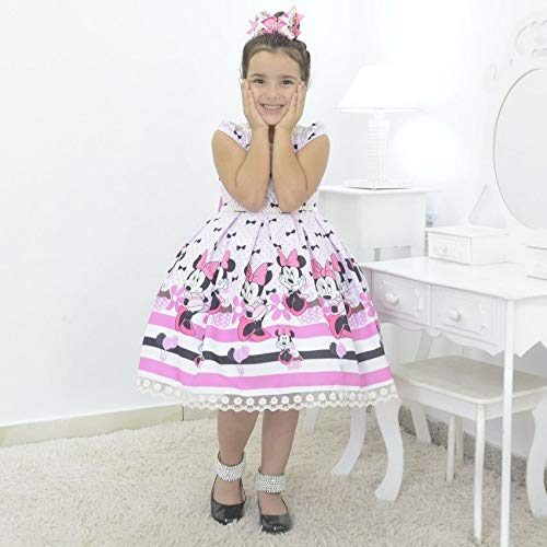 Vestido infantil tema Minnie Rosa com bordado em perolas