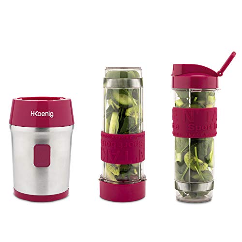 H.Koenig frambozenrood Mini-Blender/Smoothiemaker SMOO10, bpa-vrij, 300 W, 2 Flessen van 570ml met Reisdeksel - Afbeelding 4