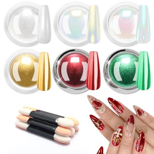 BISHENGYF Poudre Chrome Ongle Doré - 6 Colors NoëL Rouge Vert Poudre Ongle Irisé PailletéE PigmentéE Effet Miroir MéTallique, Blanc NacréE Poudres ChroméE Ongle Effet Sirene Ongle, Nail Art DIY Decor