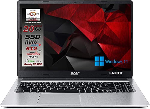 ✔️Nuovo modello Notebook Acer Aspire 3 colore Silver, nuova Cpu Amd Athlon SILVER 3050U fino a 3.2Ghz con clock base da 2.3Ghz, Disco SSD m2 pci express da 512 Gb, 20 GB DI RAM DDR 4, Display da 15,6 pollici FULL HD 1920x1080, WEBCAM A COLORI. Produzione dedicata PARTNER ACER certificato ITALIA , TASTIERA ITALIANA QWERTY