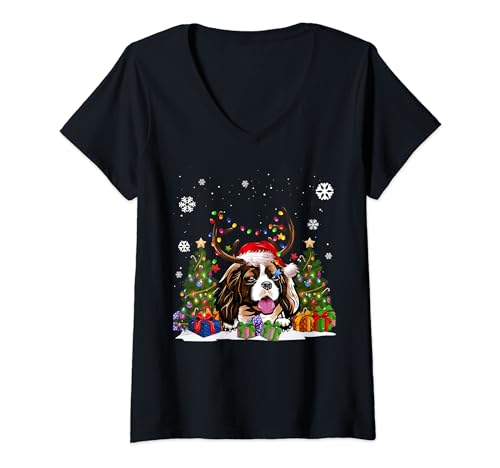 Cavalier King Charles Spaniel Santa Hat Suéter de Navidad Camiseta Cuello V