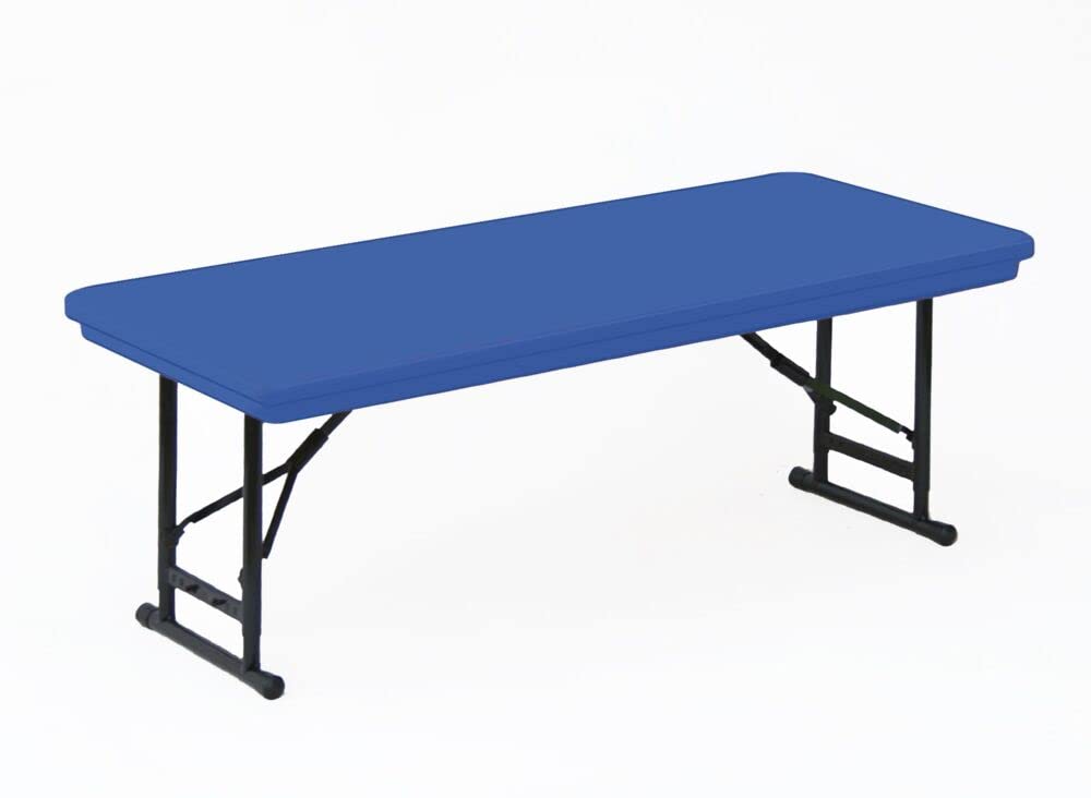 Correll 30"x72" Short Commercial Folding Table, Height Adjustable (17"-27") Blue Light Weight, Waterproof, Virtually Indestructible Blow Molded Plastic Top, Steel Ladder Frame, Made in The USA