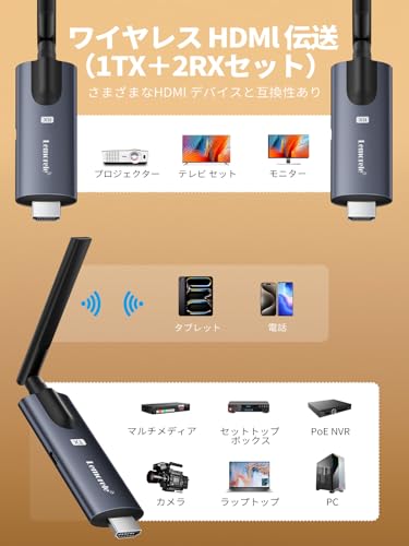 undefined ワイヤレス HDMI 送受信機セット 無線 1×送信機+2×受信機 200M/5G/1080P 小型 Lemorele 受信機4台増設可能 拡張モード対応 WIFI/設定不要 1080PフルHD/5G超低遅延 映像音声同期出力 ストリーミングメディア TV/PC/Mac/Laptop/Window/カメラ/監視カメラなど対応 収納に便利【日本技適認証取得】ダークグレー アルミニウム合金 の商品画像 3