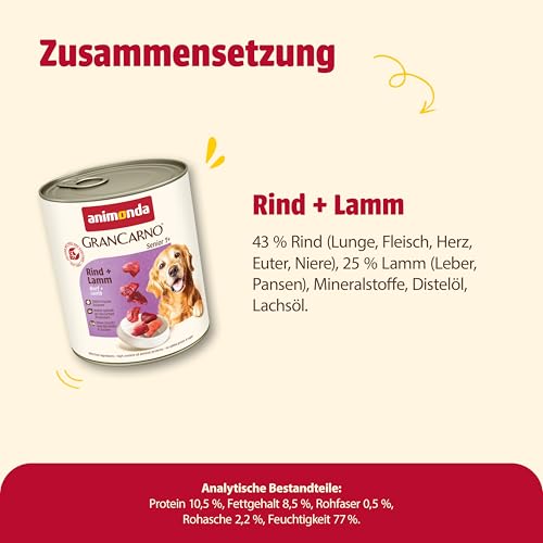 animonda GranCarno Senior Rind + Lamm (6 x 800 g), Hunde Nassfutter für ältere Hunde ab 7 Jahren, Nassfutter mit 100% frischen Zutaten, Senior Hundefutter ohne Getreide