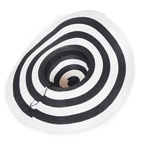 HISSHE Noble Straw Wide Brim Hat Floppy Beach Sunhat with White Brim (Black White Stripe) - Thumbnail 4