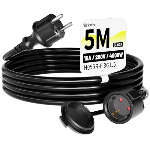 Vickwire Gummi Verlängerungskabel 5m außen Kabel Kabelverlängerungen mit Schutzkontakt Stecker Schuko Verlängerung 16A/250V Schwarz H05RR-F 3G1 5 mm