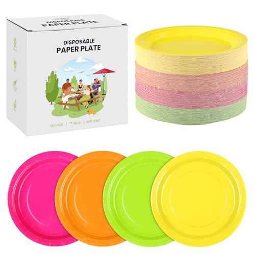 Kochorie 150 Pieces Neon Paper Plates 7 Inch Bulk Disposable Solid Color Dinner Plates Heavy Duty Round Dessert Supplies for Birthday Wedding Holiday Bridal Shower Party Supplies
