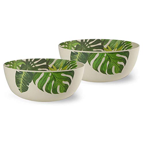 BIOZOYG Set Cuencos Ensalada bambú orgánico Ensalada Motivo Leafs I Set 2X Cuencos Redondos 23x9,5 cm 2,5 l I Vajilla Melamina Ecológica de bambú Tazón Frutas, Cuenco Ensalada Vajilla Campamento