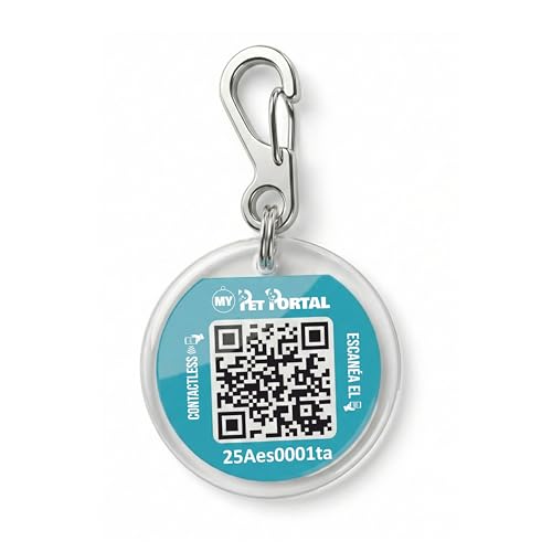 Placa de Identificación para Perros y Gatos con Código QR + NFC | Placa Inteligente My Pet Portal | Perfil Online sin Suscripción | Resistente e Impermeable (Con mosqueton grande)