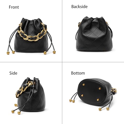 Image of DORIS&JACKY Small Top Handle Bucket Bag, Designer Lambskin Drawstring Crossbody Purse with Chunky Chain Tote Strap