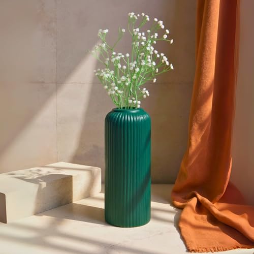 Image of KREATIVE ART'S Modern Ribbed Design Ceramic Flower Vase for Living Room, Flower Pots for Artificial Flower, Home Decoration Item, Home Decor, Vases for Living Room (Dark Green, Large)
