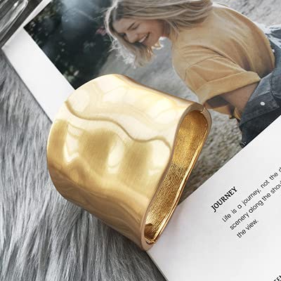 Gold Tone Wide-Edge Smooth Opening Bangle Bracelet Minimalist Polished Frosted Irregular Twist Grooved Cuff Bracelet Gothic Style Chunky Statement Fashion Jewelry For Women Teen Girl-A Gold 1 #TOP4