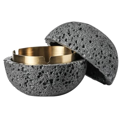 Cenicero de hormigón con tapa Cenicero de coche a prueba de olores Interior sin humo con bandeja extraíble 3 ranuras Antideslizante A prueba de viento para fumadores Gris oscuro.