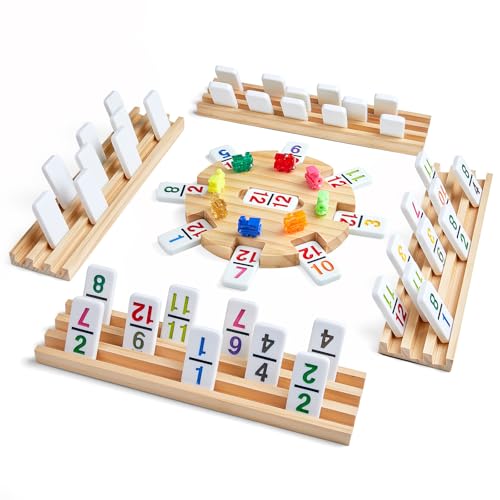Elongdi Mexican Train Dominoes Set With 4 Wooden Trays/Racks And Portable Carrying Case,Travel Colorful Double 12 Dominoes thumb #2