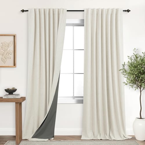 Image of KOUFALL Cream Beige Back Tab Linen Blackout Curtains for Living Room 60x84 Inch Length