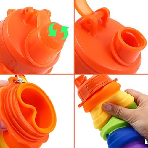 KVBUCC 1 Silicone Water Bottle with 1 Straw Brush, Kids Drink Bottle, Collapsible Drink Bottle, Portable Travel Water Bottle, Silicone Anti-Leak Water Bottle, Rainbow Colors