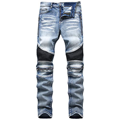 Men Ripped Vintage Biker Jeans Distressed Destroyed Zipper Denim Pants Straight Holes Moto Patch Hip Hop Jean (Light Blue 1,36)