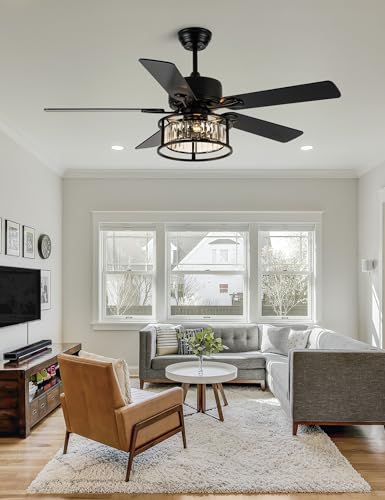 Image of 52'' Black Chandelier Fan Crystal Farmhouse Ceiling Fan with Light