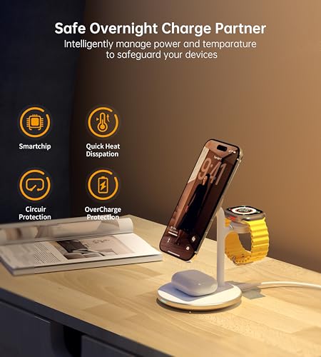 Image of XooFly 3 in 1 Magnetic Wireless Charging Station for Apple Devices,15W | Fast Charging Phone Charger Stand for Magsafe-enabled iPhone 17 16 15 14 13 12 Series, Apple Watch Ultra Airpod Pro, Gold