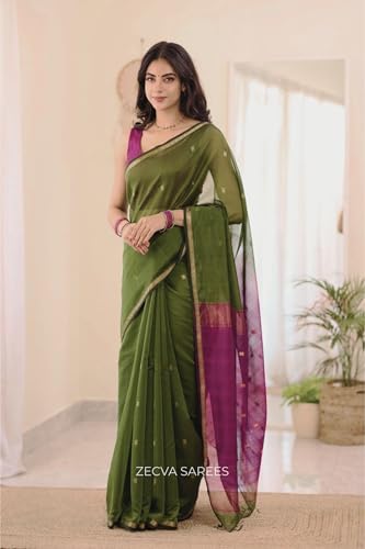 Image of ZECVA Women's Pure Soft Spun Cotton Lichi Silk Saree For Women With Attach Unstitch Blouse Piece