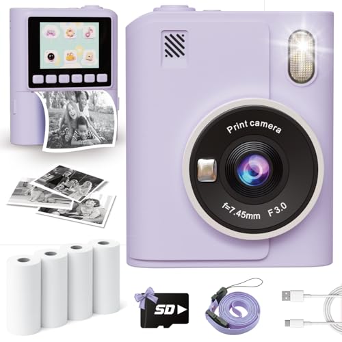 Instant Print Camera for Kids, Christmas Birthday Gifts for 4 5 6 7 8 9 10 Year Old Girls Boys, Portable Toy with 4 Rolls Printing Paper, Purple