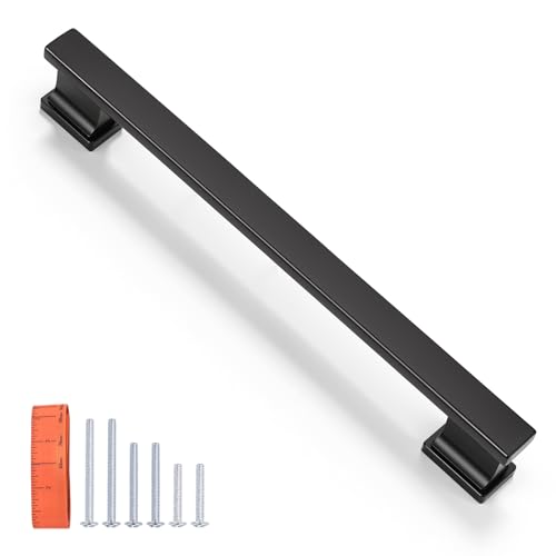 KNOBWELL 6 Pack Matte Black Solid Cabinet Pulls 6-3/10 Inch(160mm) Hole Center Kitchen Cabinet Handles,Cabinet Hardware for Cupboard Drawer Pulls