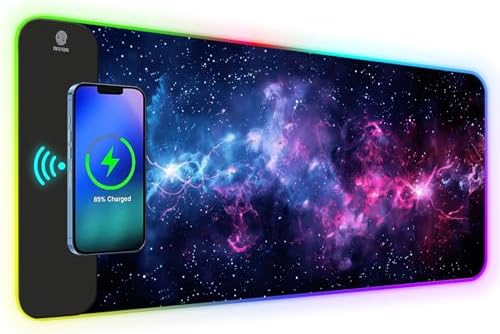 AIMSA RGB Gaming Mouse Pad with Wireless Charging, Large Keyboard Mouse Pad with 14 LED Light Modes, Non-Slip Rubber Base Waterproof Desk Pad for Home Office Decor, Blue Purple Cosmic Nebula