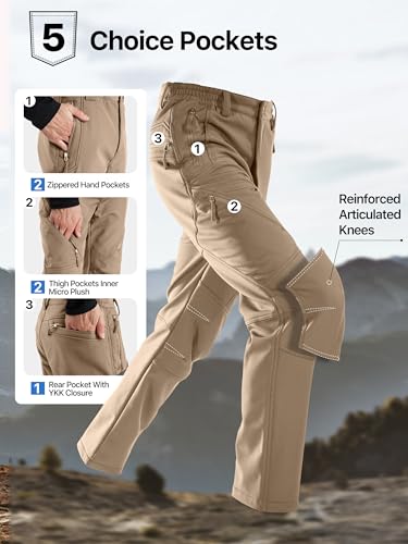 Image of FREE SOLDIER Men's Fleece Lined Outdoor Cargo Hiking Pants Water Repellent Softshell Snow Ski Pants with Zipper Pockets