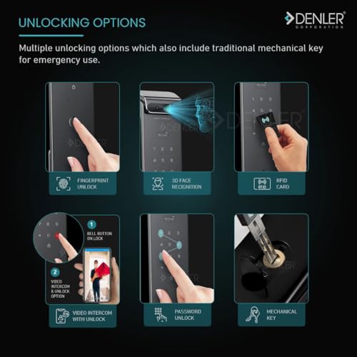 Image of Denler FLv6 8-in-1 Smart Door Lock | 3D Face Recognition | Video Intercom | Wi-Fi App Unlock | Fingerprint | RFID Card | PIN | Key | CNC Design