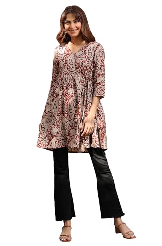 Janasya Women's Maroon Pure Cotton Paisley Printed A-line Tunic (JAA25TU01443-XL)