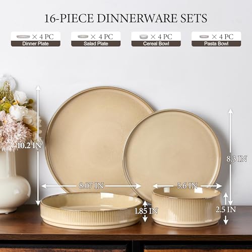 Image of E-far 16 Piece Dinnerware Sets, Plates and Bowls with Pasta Bowls Service for 4, Modern Stoneware Ribbed Dishes for Kitchen Dining, Microwave & Dishwasher Safe, Caramel Khaki