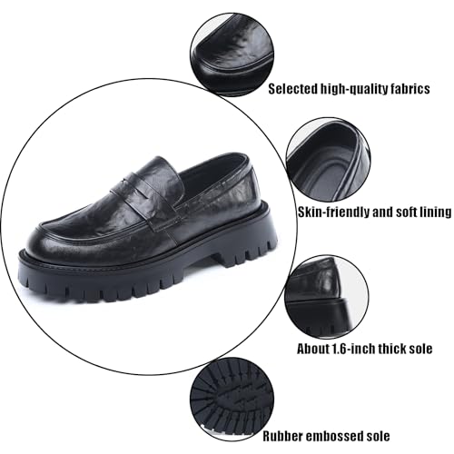 Men's Leather Chunky Platform Penny Loafers Comfy Round Toe Platform Slip-On Dress Business Casual Shoes with Non-Slip Lug Sole Sizes 5-14 US3