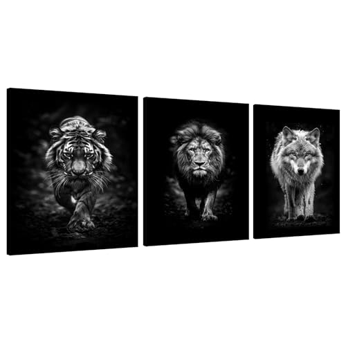 Black and White 3 Panles Pianting Wall Art Modern Home Office Decoration Animals Pictures Wall Decor Lion Tiger Wolf Posters Canvas Prints Art Living Room Decor, Framed 24" Wx36 Hx3pcs