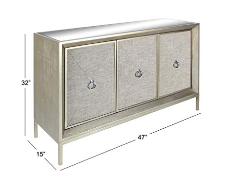 Deco 79 Wood Upholstered Front Panel 1 Shelf And 3 Doors Cabinet With Mirrored Top And Ring Handles, 47" X 15" X 32", Gray #TOP2