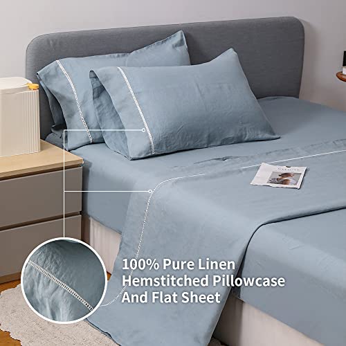 Linen Sheet Set - European Flax, Breathable and Soft (Dusty Blue, Queen)