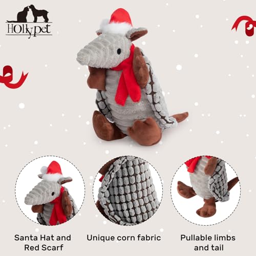 Image of Hollypet Plush Dog Squeaky Toy Stuffed Armadillo Animal Pet Puppy Chew Toys with Clean Teeth for Small Medium Large All Breed Sizes Dogs, Christmas Gray, 8 in