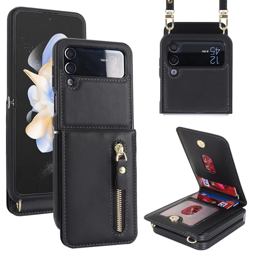 Étui portefeuille en cuir pour Samsung Galaxy Z Flip 4 avec sangle et porte-cartes Noir