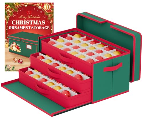 FUHSY Christmas Ornament Storage Holiday Ornament Organizer Storage Box Christmas Storage Containers with 3 Removable Drawer Trays Adjustable Dividers for 72 Ornaments Holiday Decorations