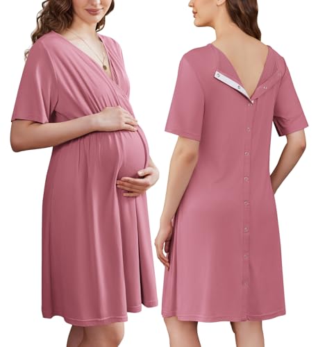 Ekouaer Labor and Delivery Gown for Hospital Short Sleeve Maternity Nursing Nightgown with Button Pregnancy Clothes Grey Purple L