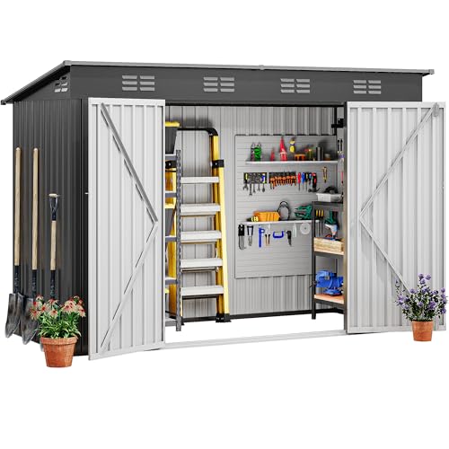 Image of DWVO 9x4ft Large Tool Storage Shed with Lockable Doors, and Sloped Roof, Oversized Steel Outdoor Storage Shed for Garden, Patio, Garage, Backyard, Lawn - Dark Gray