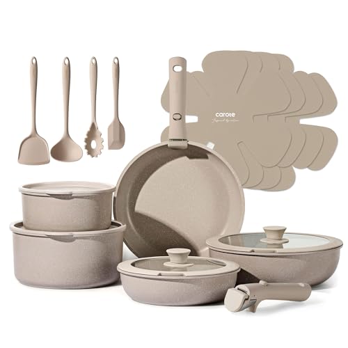 Comparison: Best Non Stick Pan Set Removable Handle 5 CAROTE 19pcs Pots and Pans Set Non Stick, Nonstick Cookware Set Detachable Handle, Induction Kitchen Cooking Sets with Removable Handle, RV Kitchen, Oven Safe, Taupe