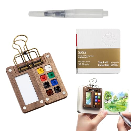RAXLUPO Kit de Paleta de Acuarela en Miniatura de 8 cuadrículas Juego de Acuarela de Bolsillo de Madera Kit de Caja de Paleta de Acuarela portátil con Clip de Pincel,para Pintores, Estudiantes