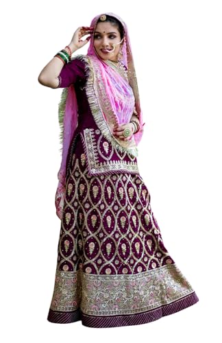 Image of Fancy Heavy Embroidery Work Shimmer Silk Semi-stitched Rajasthani Poshak Rajputi Lehenga Choli For Women