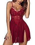 Avidlove Lingerie for Women Lace Baby Doll Chemise Nightgown V Neck Sleepwear Boudoir Nighty Side Slit Nightdress Wine Red