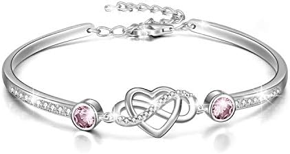 AOBOCO Infinity Bracelet Sterling Silver Love Heart Adjustable Bangle Bracelet with Birthstone Crystals, Friendship Wedding Anniversary Birthday Gifts for Her Women Wife Girlfriend Mum