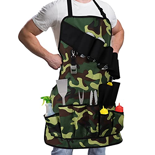 Product Image of the YBW GIFTS Funny Apron for Men,BBQ Cooking Grilling Apron with 15 Pockets Holds Beverages and Tools, Cotton Camouflage for Father's Day, Adjustable Strap, Bottle Opener Included,One Size Fits All